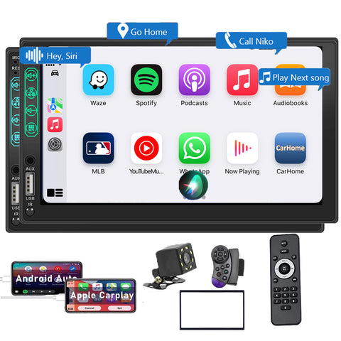 Double Din Car Stereo with Apple CarPlay Android Auto 7 Inch Touchscreen Radio GPS Navigation via Car play USB Bluetooth 5.0 and 8 LED Backup Camera Phone Mirror-Link Multimedia Car Audio Receiver